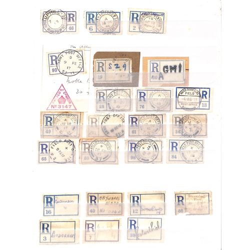 298 - 1907-60 Blank type registration labels, mainly 1907-16 period, bearing office handstamps or datestam... 