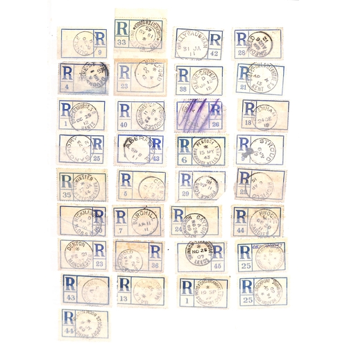 298 - 1907-60 Blank type registration labels, mainly 1907-16 period, bearing office handstamps or datestam... 