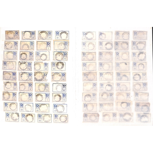 298 - 1907-60 Blank type registration labels, mainly 1907-16 period, bearing office handstamps or datestam... 