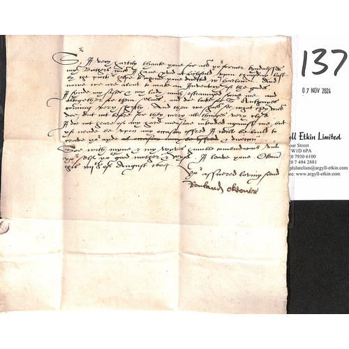 137 - 1604 (Aug 8) Entire letter written by Rowland Okeover, addressed to Walter Bagot, High Sheriff of th... 