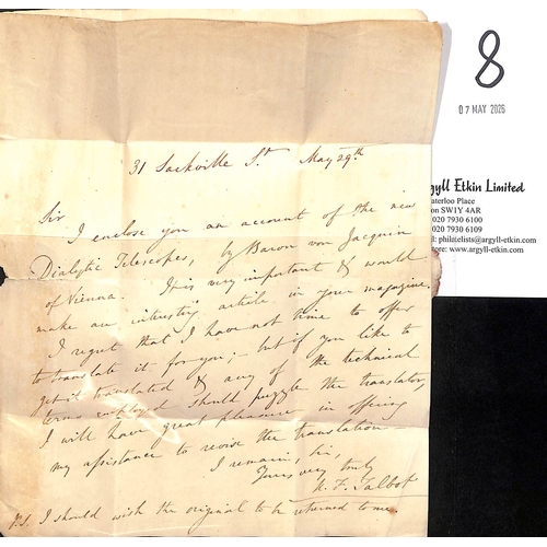 8 - William Henry Fox Talbot, Pioneer of Photography.  1834 (May 29) Entire letter written from 31 Sackv... 