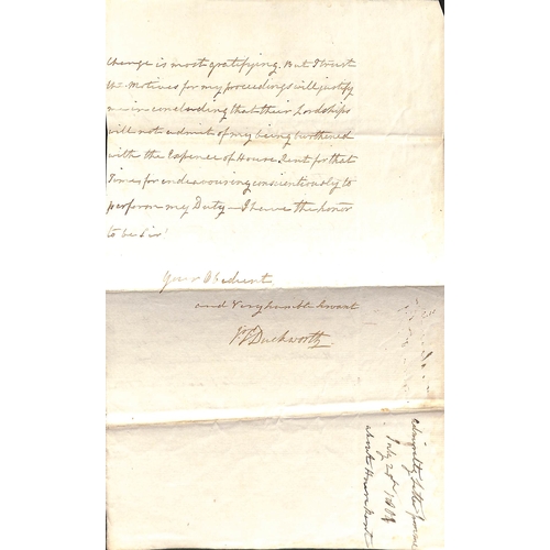 390 - Admiral Sir John Duckworth.  1801 Navy Office letter to Duckworth refusing him an allowance for a ho... 