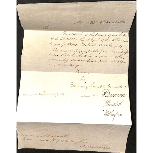 390 - Admiral Sir John Duckworth.  1801 Navy Office letter to Duckworth refusing him an allowance for a ho... 
