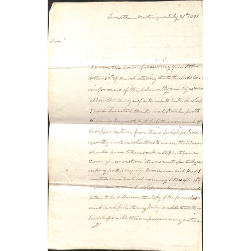 390 - Admiral Sir John Duckworth.  1801 Navy Office letter to Duckworth refusing him an allowance for a ho... 