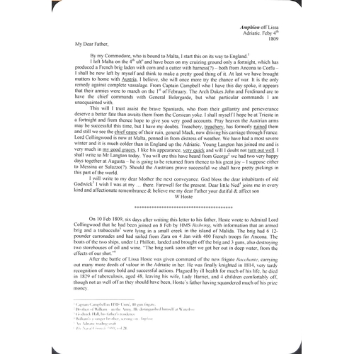 393 - William Hoste.  1809 (Feb 4) Letter from Hoste to his father in Norfolk, headed 