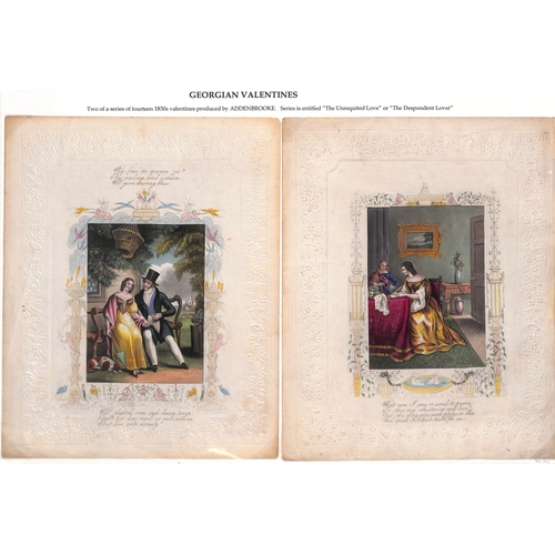 37 - c.1840 Valentine lettersheets produced by Addenbrooke with central handcoloured prints of pretty lad... 