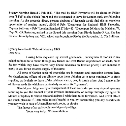 414 - Australasia.  1843 (Feb 4) Entire letter from W. McKew in Sydney ordering seeds and bulbs, to Eagle ... 
