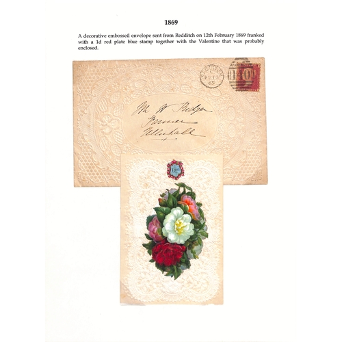 49 - 1868-73 Embossed valentine envelopes all posted on February 13th with 1d reds, from Redditch, Staple... 