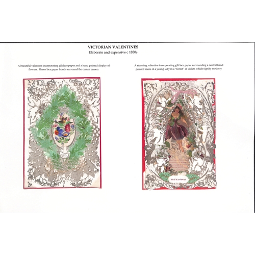 46 - c.1850-90 Valentine cards on pages, various types with embossed and paperlace cards, the use of scra... 