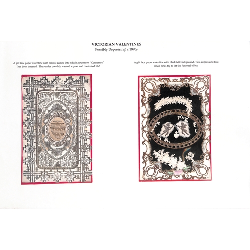 46 - c.1850-90 Valentine cards on pages, various types with embossed and paperlace cards, the use of scra... 