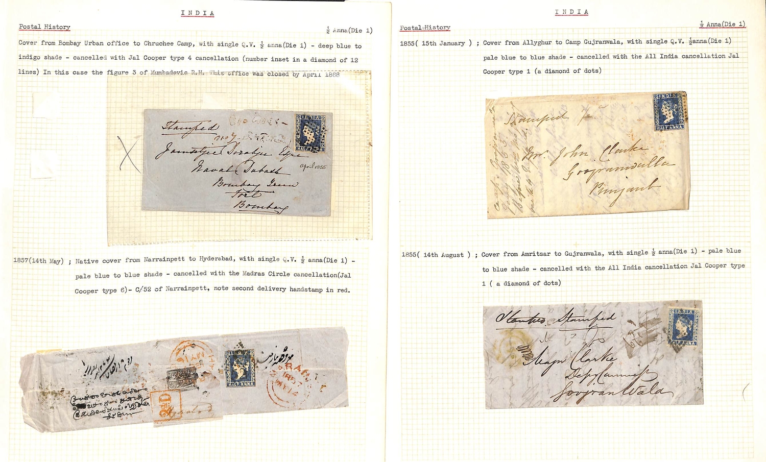 1855-57 Covers or entire letters franked 1854 ½a die I, one registered ...