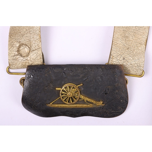 46 - Victorian Royal Artillery Pouch Belt, small patent leather pouch with gilt metal artillery field gun... 