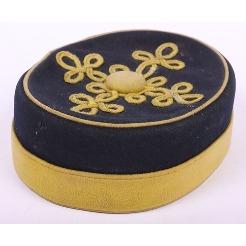 60 - Victorian 14th Hussars Other Ranks Pill Box Cap, blue cloth with wide yellow band and piping to the ... 