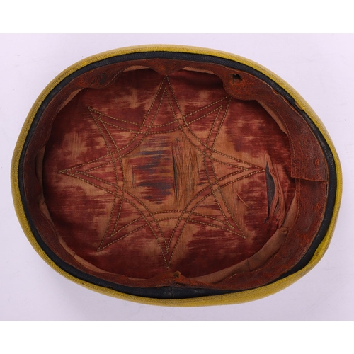 60 - Victorian 14th Hussars Other Ranks Pill Box Cap, blue cloth with wide yellow band and piping to the ... 