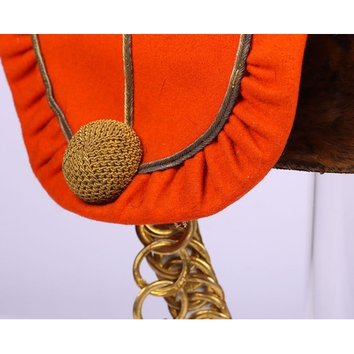 75 - Victorian 7th Hussars Full Dress Busby, good fur officers busby with scarlet bag having gilt cord br... 