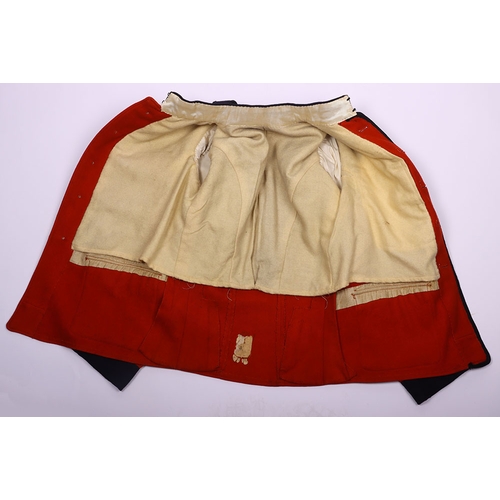 106 - Victorian scarlet wool tunic with blue cloth collar, epaulettes and facing. Bearing gold lace rank c... 