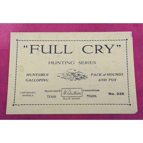 287 - Britains boxed set 235, Hunting Series ‘Full Cry’, 1950s, seven mounted Huntsmen and women on gallop... 