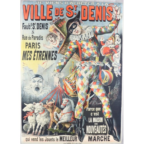 465 - VILLE De St.DENIS, Harlequin parading with toy animals and puppets, printed by F.Appel, Paris, 1884,... 