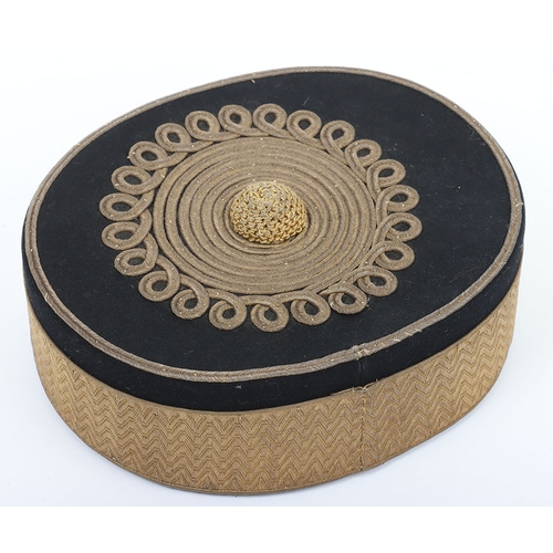 5 - Hussar Officers Pill Box Cap. Made by Hawkes & co from dark blue cloth, with gilt lace to sides ... 