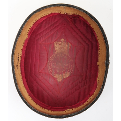 5 - Hussar Officers Pill Box Cap. Made by Hawkes & co from dark blue cloth, with gilt lace to sides ... 