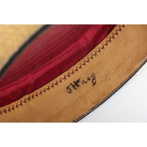 5 - Hussar Officers Pill Box Cap. Made by Hawkes & co from dark blue cloth, with gilt lace to sides ... 