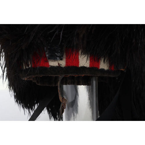 24 - Highlanders ostrich feather bonnet with correct 5 tails, silk rosette, diced band, black leather chi... 