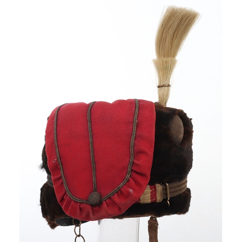 11 - Hussar officers fur busby with scarlet bag having gilt lace & button, fitted with oval gilt cord... 