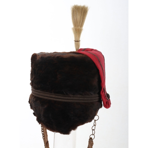 11 - Hussar officers fur busby with scarlet bag having gilt lace & button, fitted with oval gilt cord... 