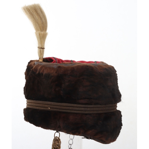 11 - Hussar officers fur busby with scarlet bag having gilt lace & button, fitted with oval gilt cord... 