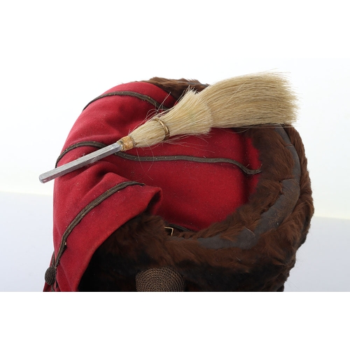 11 - Hussar officers fur busby with scarlet bag having gilt lace & button, fitted with oval gilt cord... 