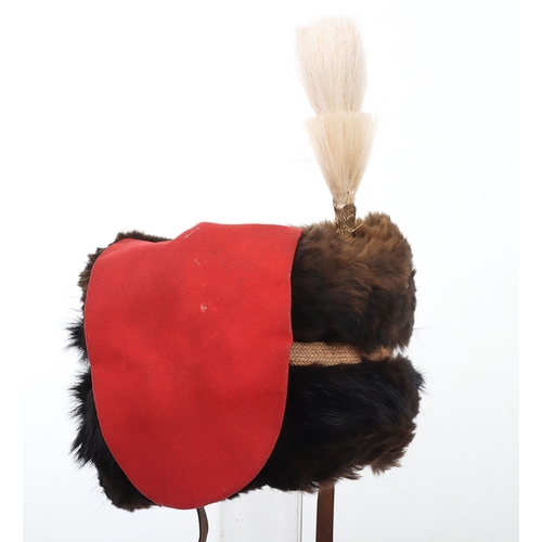 16 - Royal Horse Artillery fur busby with scarlet bag, leather chin strap, yellow cord triple busby lines... 