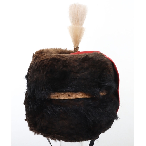 16 - Royal Horse Artillery fur busby with scarlet bag, leather chin strap, yellow cord triple busby lines... 