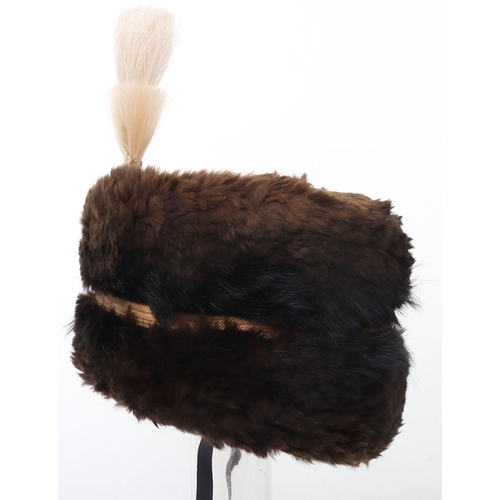 16 - Royal Horse Artillery fur busby with scarlet bag, leather chin strap, yellow cord triple busby lines... 