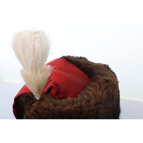 16 - Royal Horse Artillery fur busby with scarlet bag, leather chin strap, yellow cord triple busby lines... 