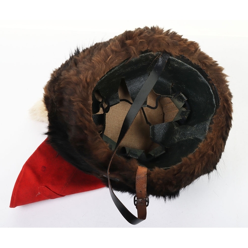 16 - Royal Horse Artillery fur busby with scarlet bag, leather chin strap, yellow cord triple busby lines... 