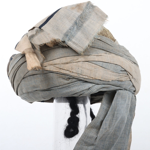 53 - Indian Army Turban, made from fawn, grey and blue cloth with gilt embroidery crown. In good conditio... 