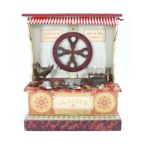5 - A French Ice Cream lottery stall, late 19th century, cream painted wooden stall, with red striped ca... 
