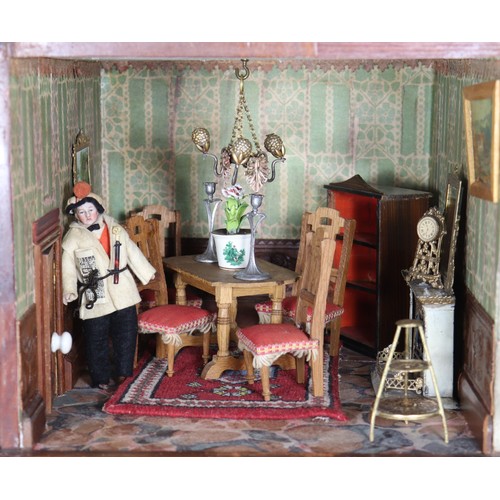 2 - A good painted red brick wooden Victorian Dolls house in the Gothic style, with contents, the façade... 