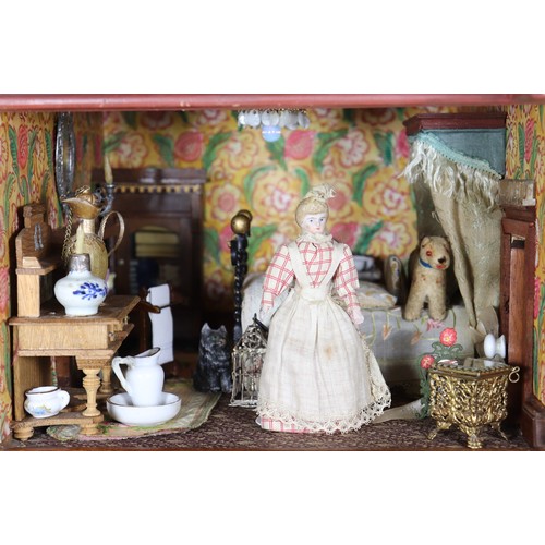 2 - A good painted red brick wooden Victorian Dolls house in the Gothic style, with contents, the façade... 