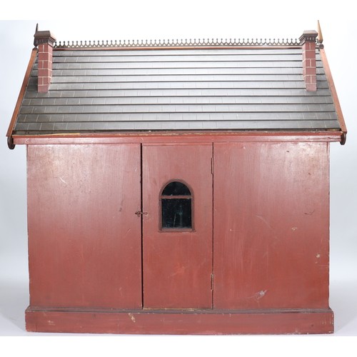 2 - A good painted red brick wooden Victorian Dolls house in the Gothic style, with contents, the façade... 
