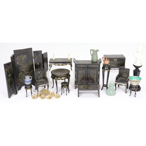 12 - Chinoiserie dolls house furniture, 1920s, the black lacquered furniture with gold painted decoration... 