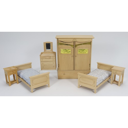 16 - Clive Felton special commission Charles Rennie Mackintosh dolls house bedroom suite, natural wood wa... 