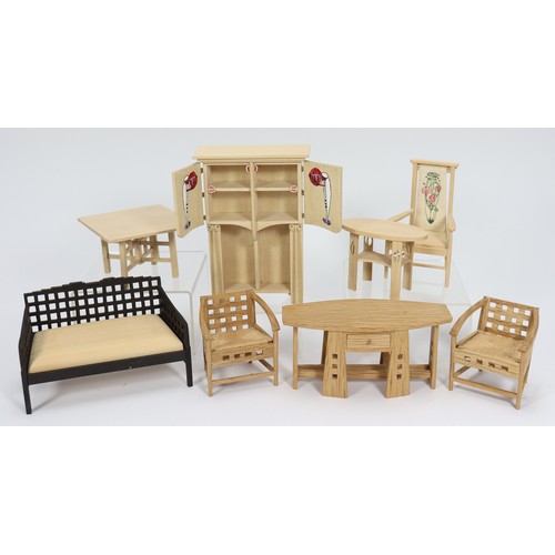 15 - Clive Felton Charles Rennie Mackintosh dolls house furniture, black stained and natural settee, natu... 