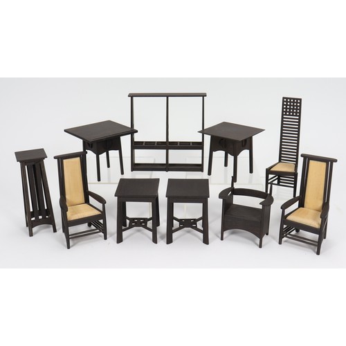 14 - Clive Felton Charles Rennie Mackintosh dolls house furniture, two stained black and white arm chairs... 