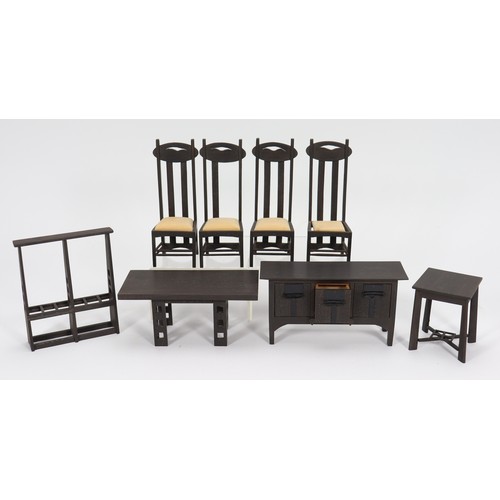 13 - Clive Felton Charles Rennie Mackintosh dolls house furniture, four stained black Argyle chairs, 4 3/... 