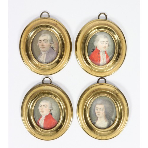 9 - Four 19th century miniature portraits, the finely painted oval framed shoulder and head portraits of... 