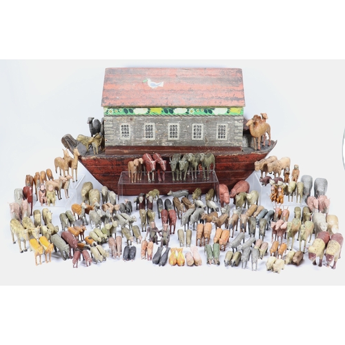 18 - A rare large 19th century German wooden painted Noah's Ark with over 200 animals Noah and wife, the ... 