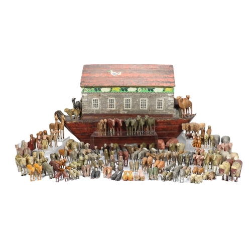 18 - A rare large 19th century German wooden painted Noah's Ark with over 200 animals Noah and wife, the ... 