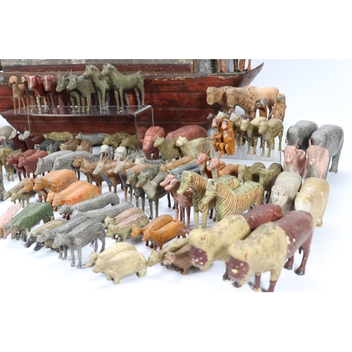 18 - A rare large 19th century German wooden painted Noah's Ark with over 200 animals Noah and wife, the ... 