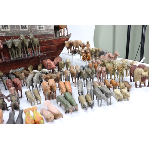 18 - A rare large 19th century German wooden painted Noah's Ark with over 200 animals Noah and wife, the ... 